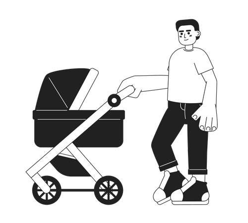 Father pushes baby stroller  Illustration