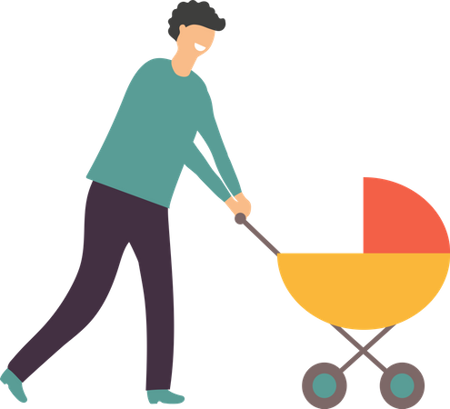 Father pushing baby Stroller Illustration