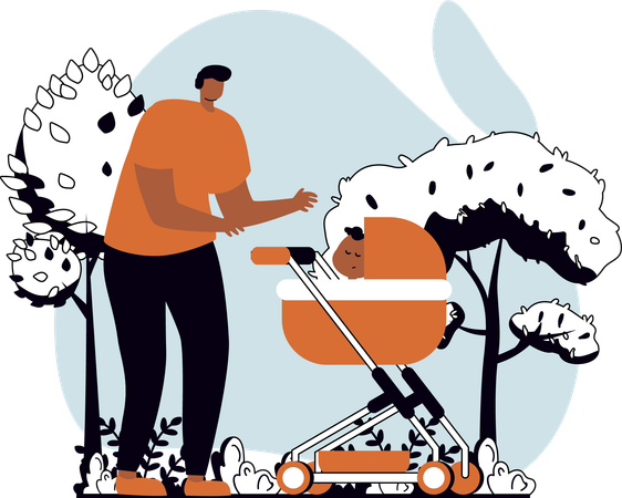 Father pushing baby stroller  Illustration