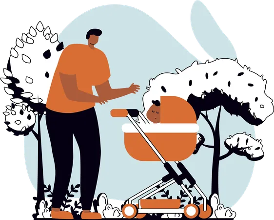 Father pushing baby stroller  Illustration