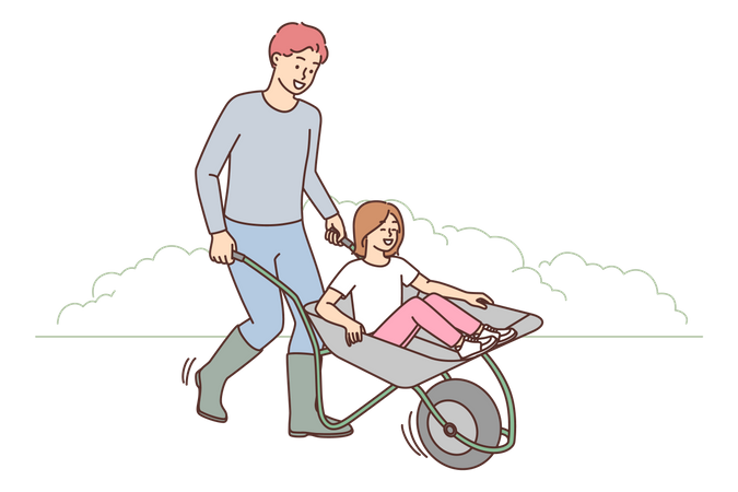Father pushing wheelbarrow while daughter sitting in  일러스트레이션