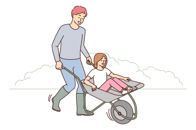 Father pushing wheelbarrow while daughter sitting in  Illustration