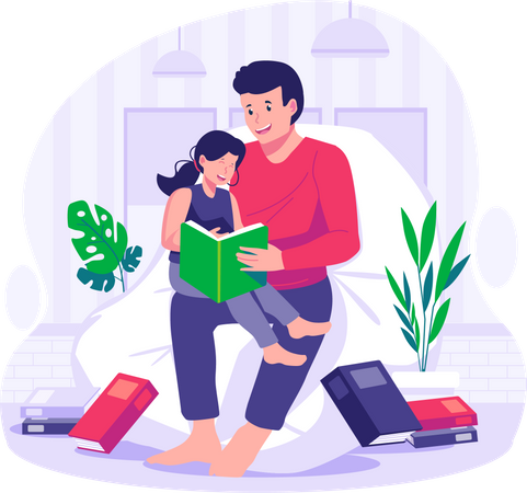 Father reading a book together with his kid  Illustration