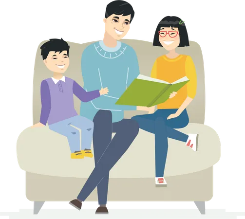 Father Reading A Fairytale Cartoon People Characters Illustration On White Background Young Smiling Parent With His Two Children Sitting On A Sofa Holding A Book Happy Chinese Family Concept Illustration