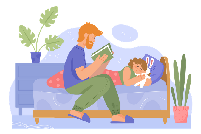 Father reading bedtime stories to daughter  Illustration
