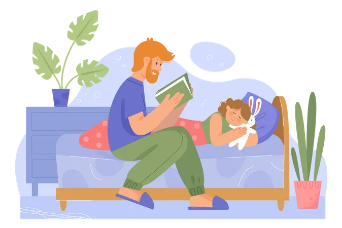 Father reading bedtime stories to daughter  イラスト