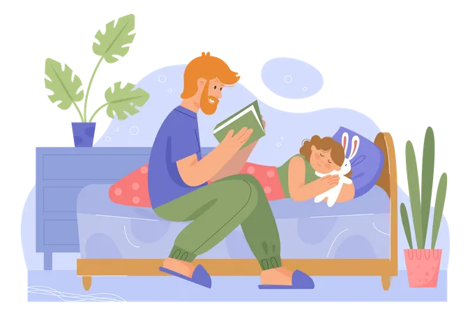 Father reading bedtime stories to daughter  Illustration