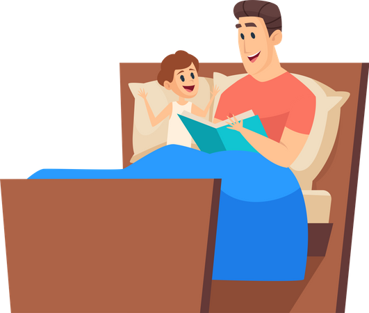 Father reading bedtime stories to son  Illustration