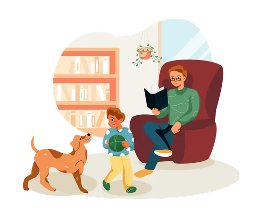 Father reading book while kid playing with dog  Illustration