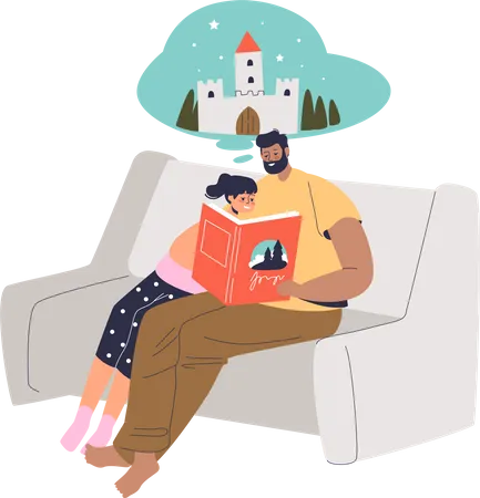 Father Reading Book With Fairytales To Little Daughter Sitting On Couch And Imagining Fairy Castles Parents And Kids Leisure And Spending Time Together Concept Vector Illustration Illustration