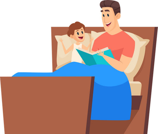 Father reading story to son while sitting on bed Illustration