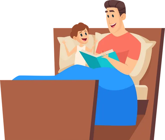 Father reading story to son while sitting on bed Illustration