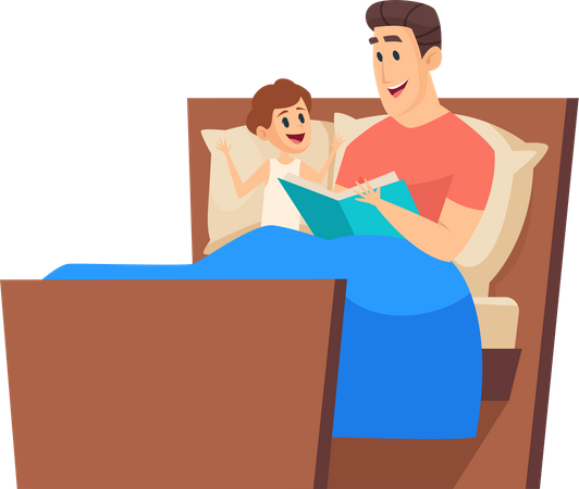 Father reading story to son while sitting on bed  Illustration