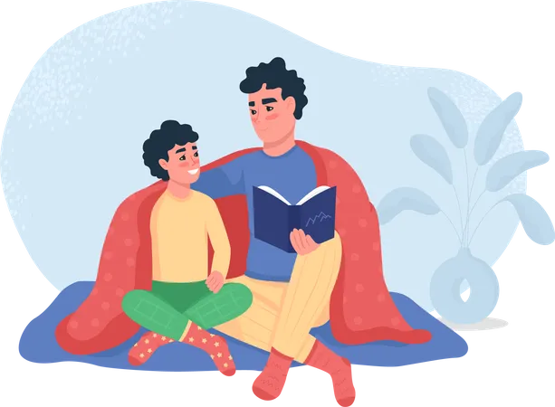Father reading story to son while sitting together Illustration
