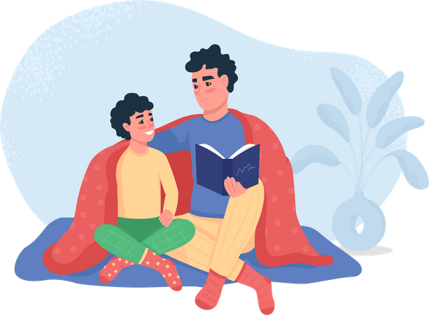 Father reading story to son while sitting together  Illustration