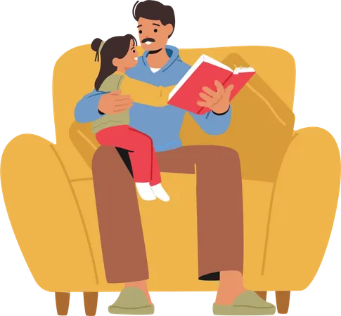 Father Reads A Book To His Little Daughter Illustration