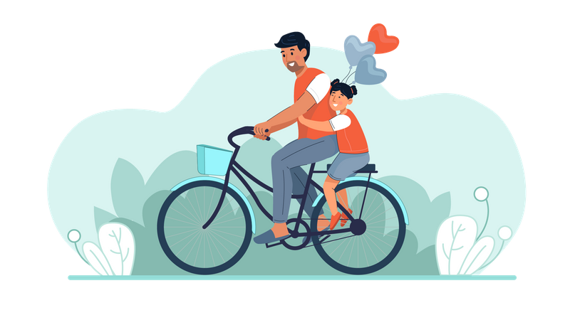 Father riding cycle with daughter  Illustration