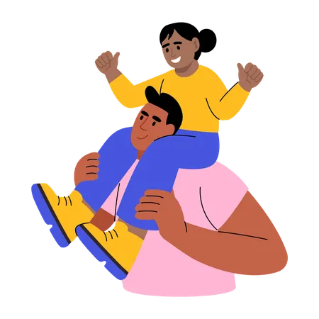 Father riding daughter on piggyback  Illustration