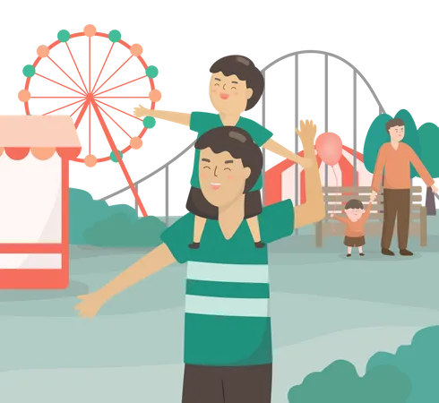 Father riding son on neck to an amusement park Illustration