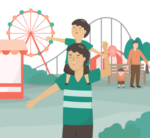 Father riding son on neck to an amusement park  Illustration