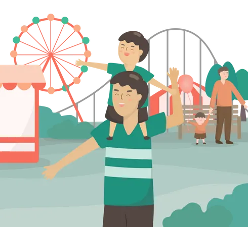 Father riding son on neck to an amusement park  Illustration