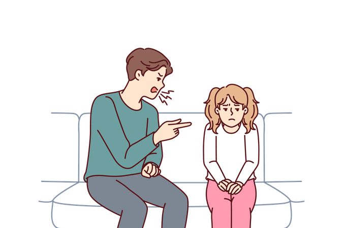 Father scolding teenage daughter because of bad behavior at school sitting on couch  Illustration