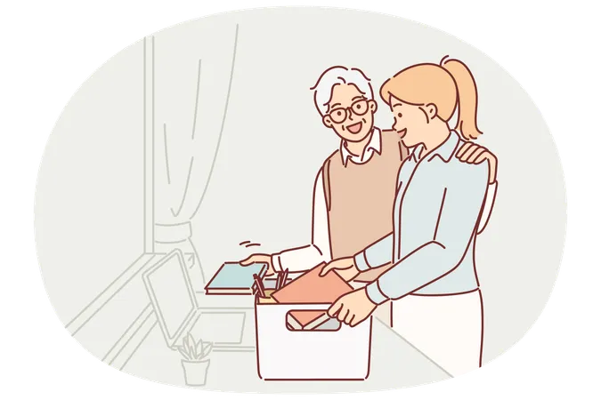 Father sees teenage girl moving to college campus and packing personal belongings into box  Illustration