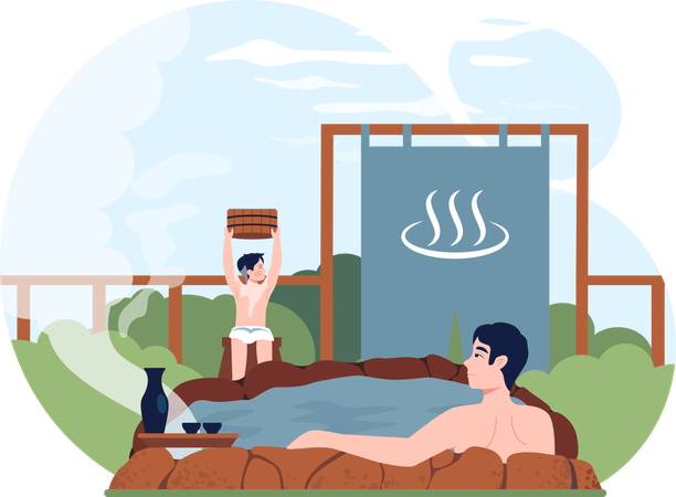 Father sits in spa well  Illustration
