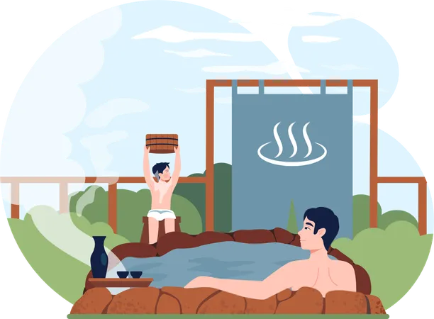 Father sits in spa well  Illustration