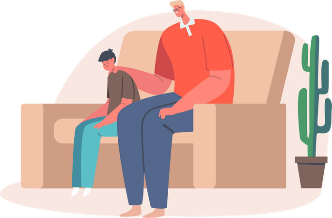 Father sitting besides son and asking for help Illustration