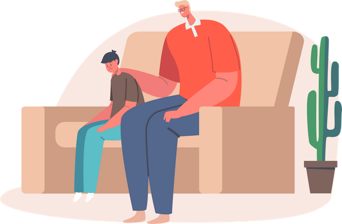 Father sitting besides son and asking for help  Illustration