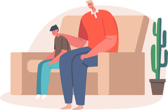 Father sitting besides son and asking for help  Illustration