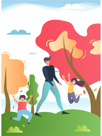 Father, son and daughter playing in the garden  Illustration