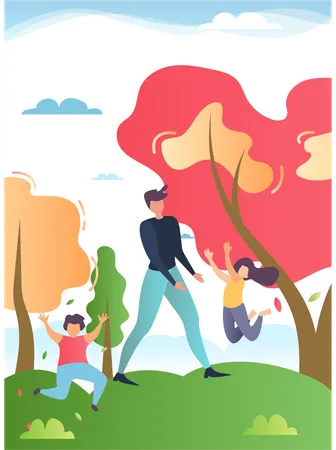 Father, son and daughter playing in the garden  Illustration