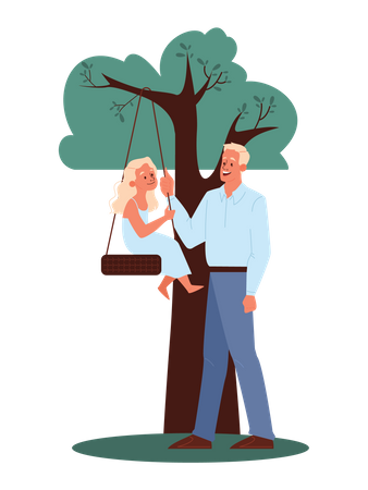 Father standing while daughter sitting on swing Illustration