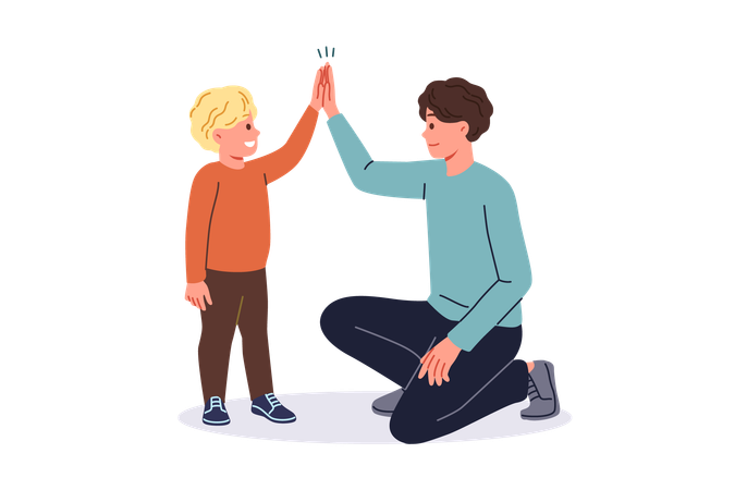 Father supports young son by high-fiving boy and raising child on own after divorce from mother  Illustration