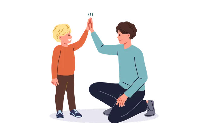 Father Supports Young Son By High Fiving Boy And Raising Child On Own After Divorce From Mother Young Single Dad Smiles While Communicating With Son Celebrating Father Family Day Illustration