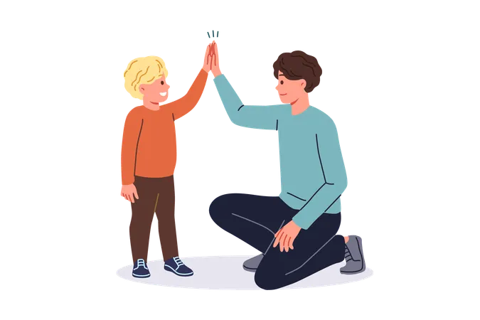 Father supports young son by high-fiving boy and raising child on own after divorce from mother  Illustration