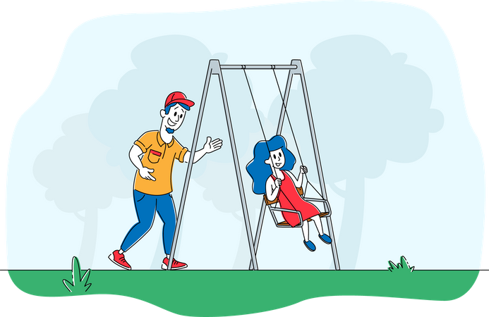 Father Swinging Child on Swing in Park or Playground. Happy Family Having Fun, Dad and Daughter Characters Walking in Yard, Spend Time Outdoors in Summer Vacation. Linear People Vector Illustration  Illustration