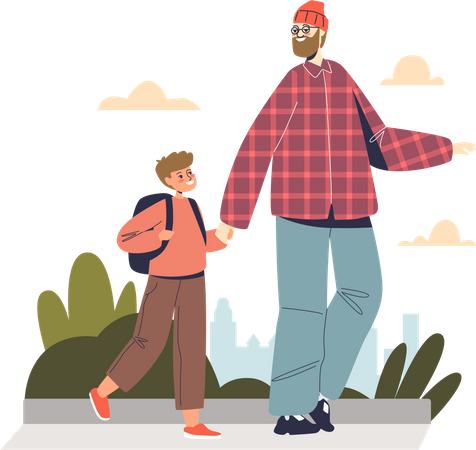 Father taking boy to school  Illustration