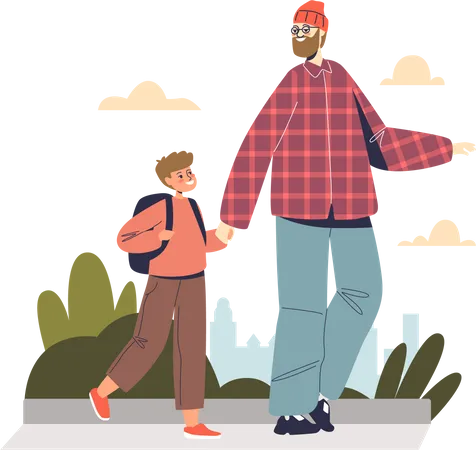 Father taking boy to school  Illustration