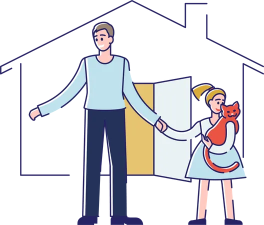 Father taking care of daughter outside house  Illustration
