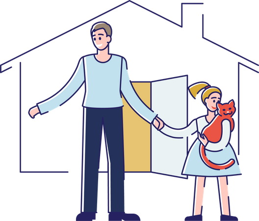 Father taking care of daughter outside house  Illustration