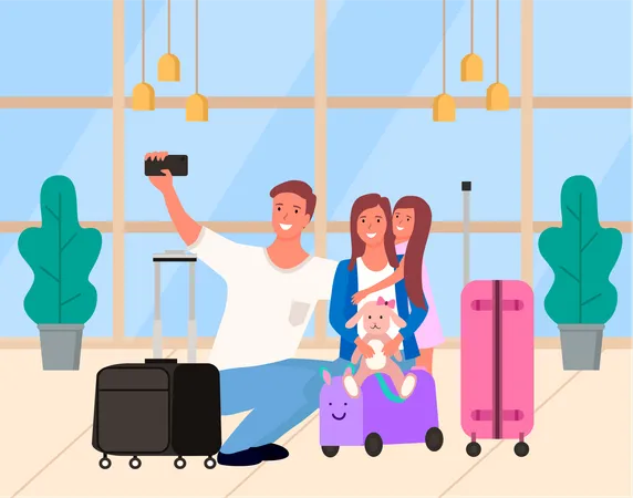 Father taking selfie at airport  Illustration