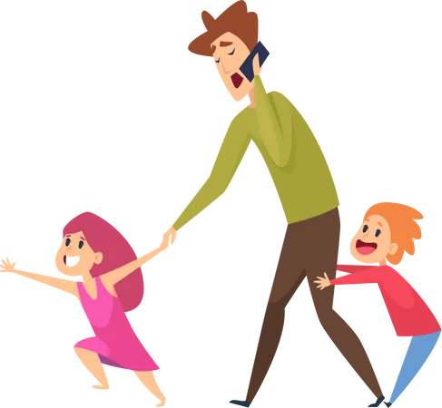 Father talking on phone while walking with kids  Illustration