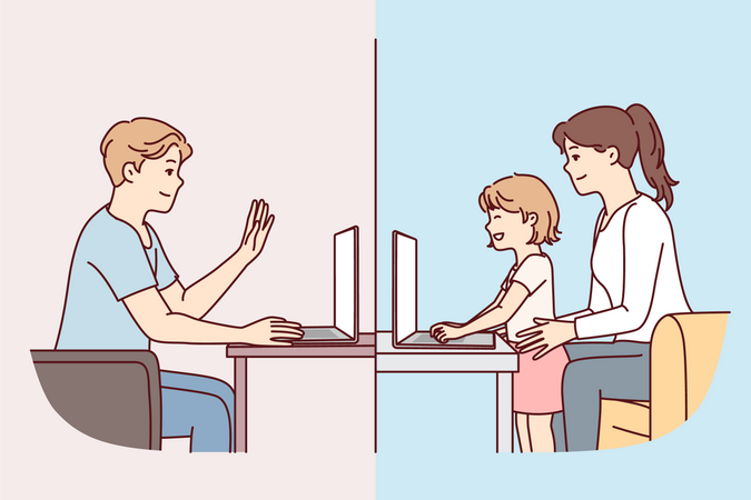 Father talking with his family by video call  Illustration