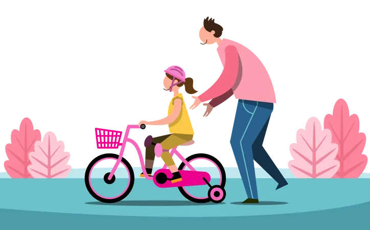 Father teach daughter to ride bike in the park  Illustration