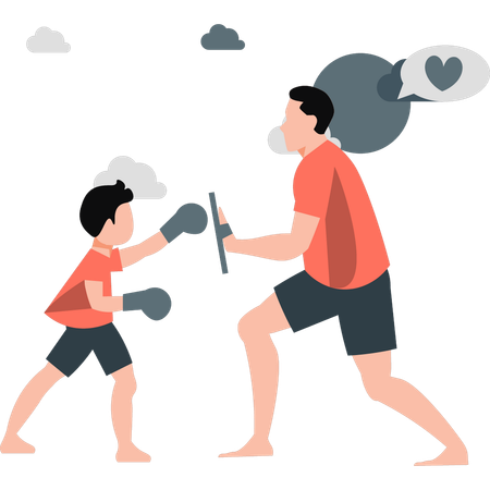 Father teaches boxing to son  Illustration