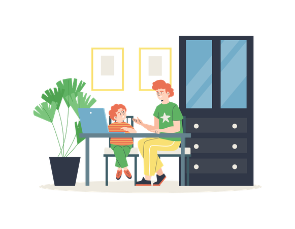 Father teaches child at home or helps with homework  Illustration