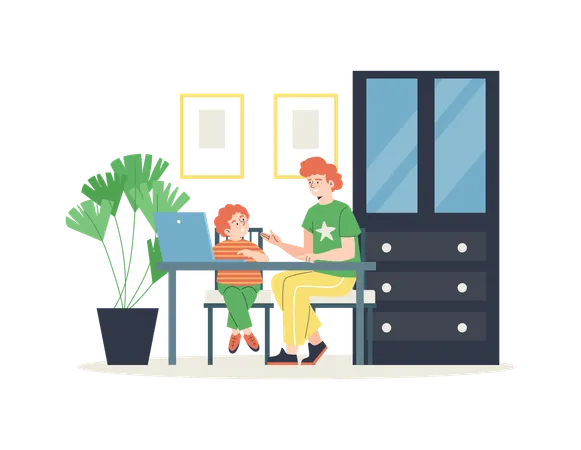 Father teaches child at home or helps with homework  Illustration